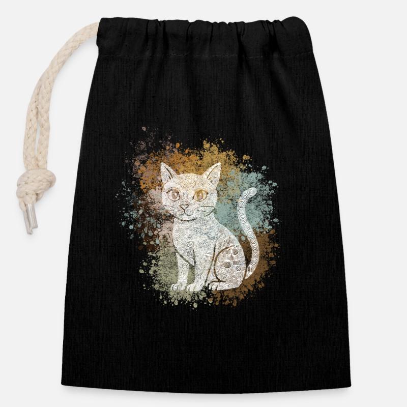 Zentangle Cat - Closable cotton gift bag (14x20cm) - black