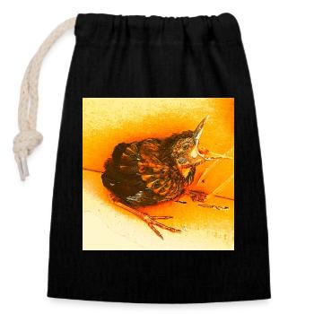 Hungrige Amsel - Verschließbarer Geschenkbeutel aus Baumwolle (14x20cm) - Schwarz - Vorne