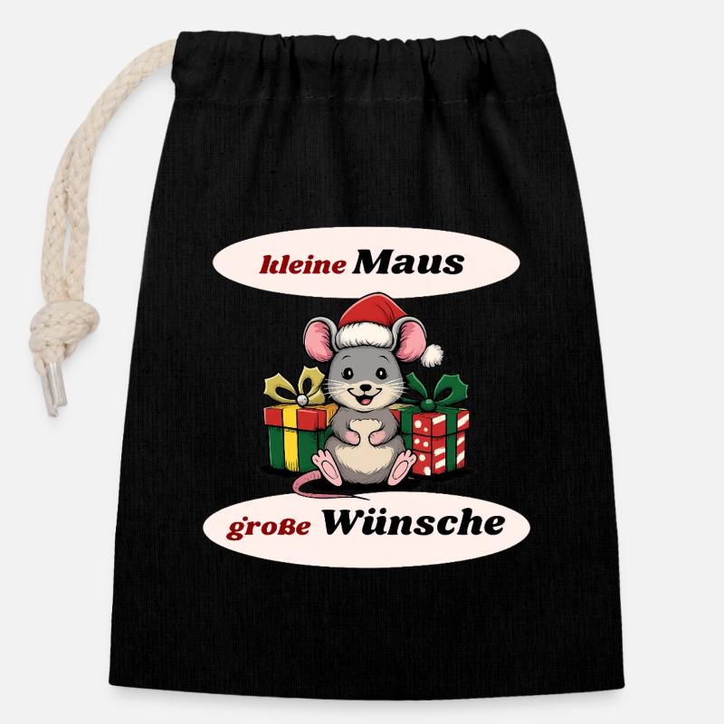 Souris de Noël - Sac cadeau en coton avec cordon (14 x 20 cm) - noir