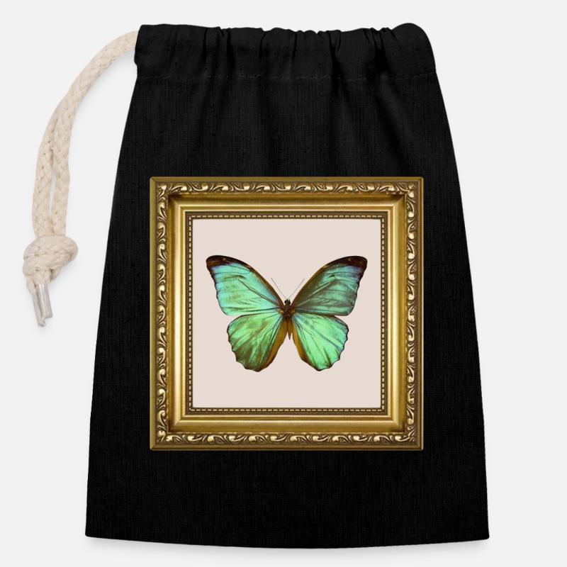 Emerald Butterfly in Gold Frame - Closable cotton gift bag (14x20cm) - black