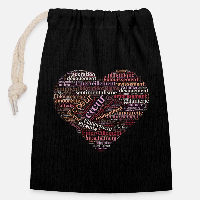 Coeur de mots amoureux - Sac cadeau en coton avec cordon (14 x 20 cm) - noir