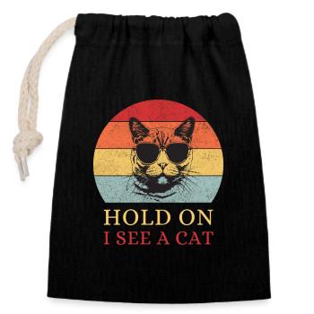 Hold On, I See a Cat – Retro Katze - Verschließbarer Geschenkbeutel aus Baumwolle (14x20cm) - Schwarz - Vorne