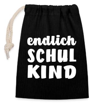 Endlich Schulkind - Verschließbarer Geschenkbeutel aus Baumwolle (14x20cm) - Schwarz - Vorne