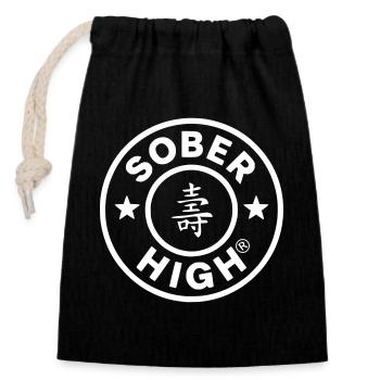 Live clean. Feel high. soberhigh. - Closable cotton gift bag (14x20cm) - black - Front