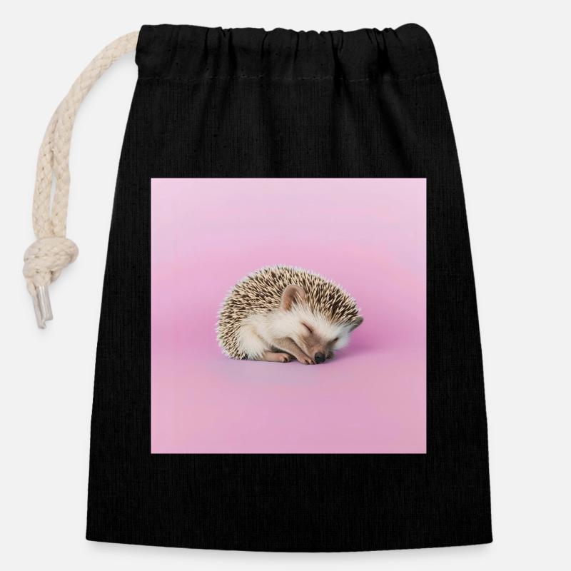 Schlafender Igel auf blassrosa Hintergrund - Verschließbarer Geschenkbeutel aus Baumwolle (14x20cm) - Schwarz