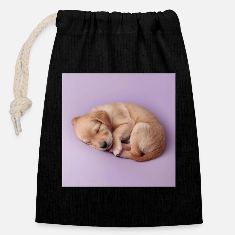 Chiot endormi sur fond lilas - Sac cadeau en coton avec cordon (14 x 20 cm) - noir