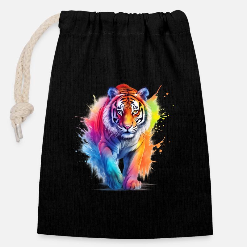 Rainbow Tiger in Watercolor Color Splash.Look - Closable cotton gift bag (14x20cm) - black