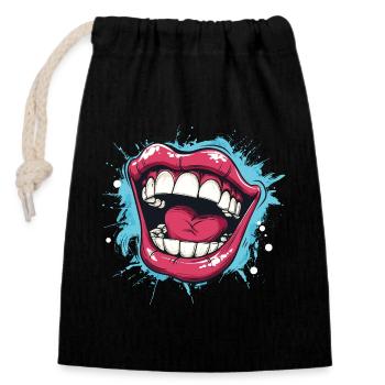 Laughing Cartoon mouth wide open with red lips - Closable cotton gift bag (14x20cm) - black - Front
