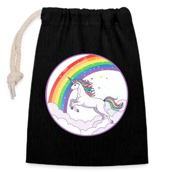 Regenbogen Einhorn über Wolken Herzchen Motiv - Verschließbarer Geschenkbeutel aus Baumwolle (14x20cm) - Schwarz - Vorne