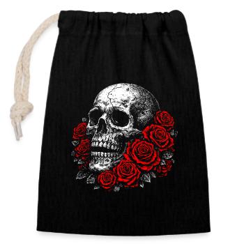 Memento Mori – Crâne et Roses rouges - Sac cadeau en coton avec cordon (14 x 20 cm) - noir - Devant