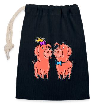 Cute Pig Couple – Love & Romance Cartoon Design - Closable cotton gift bag (14x20cm) - navy - Front