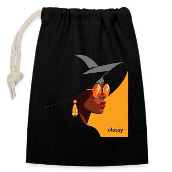 Elegant woman with hat and sunglasses - Closable cotton gift bag (14x20cm) - black - Front
