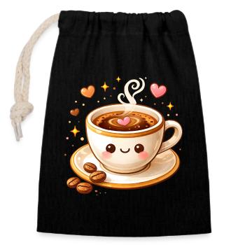 Tasse de café mignonne avec illustration de visage - Sac cadeau en coton avec cordon (14 x 20 cm) - noir - Devant