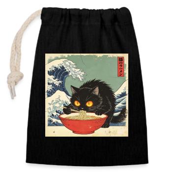 Japan Cat Ramen Noodles Retro Wave Pattern - Closable cotton gift bag (14x20cm) - black - Front