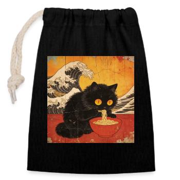 Japan Cat Ramen Noodles Retro Wave Pattern - Closable cotton gift bag (14x20cm) - black - Front