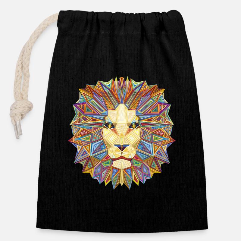 Tête de lion géométrique - Sac cadeau en coton avec cordon (14 x 20 cm) - noir