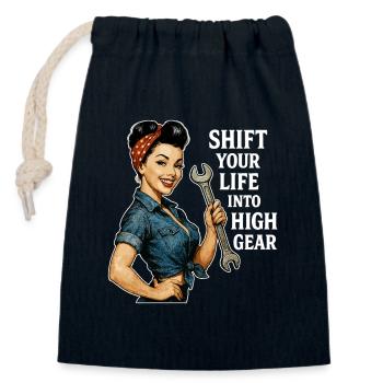 Vintage Werkstatt Pin-up: High Gear Lifestyle - Verschließbarer Geschenkbeutel aus Baumwolle (14x20cm) - Navy - Vorne