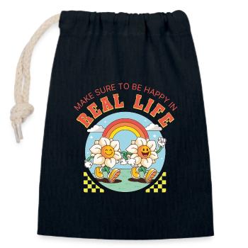 Be Happy in Real Life – Retro Blumen Spruch - Verschließbarer Geschenkbeutel aus Baumwolle (14x20cm) - Navy - Vorne