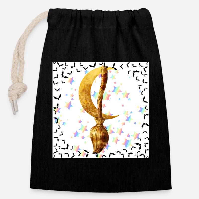Balai d’Or et Lune Magique - Sac cadeau en coton avec cordon (14 x 20 cm) - noir