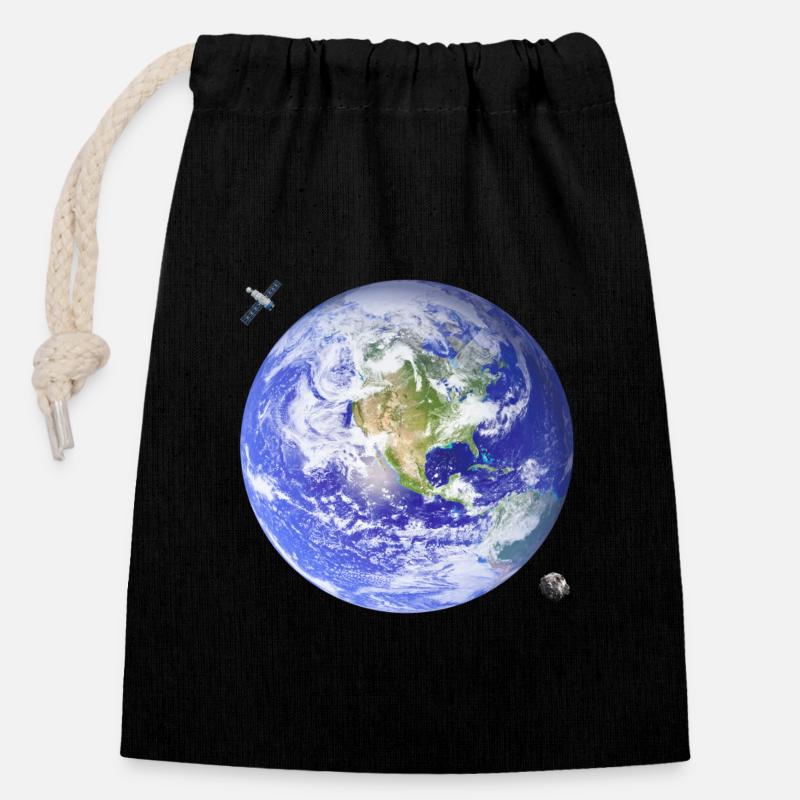 Planète Terre - Sac cadeau en coton avec cordon (14 x 20 cm) - noir
