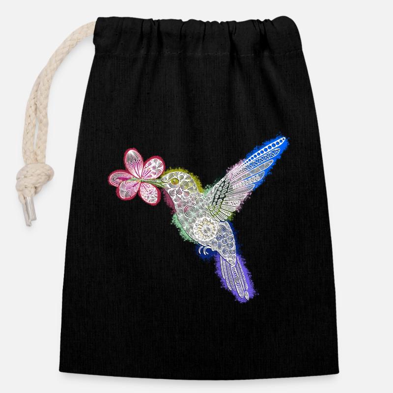 Colibri Zentangle avec fleur - Sac cadeau en coton avec cordon (14 x 20 cm) - noir