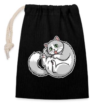 Chat Gris et Blanc Rigolo Langue Sortie Mignon - Sac cadeau en coton avec cordon (14 x 20 cm) - noir - Devant
