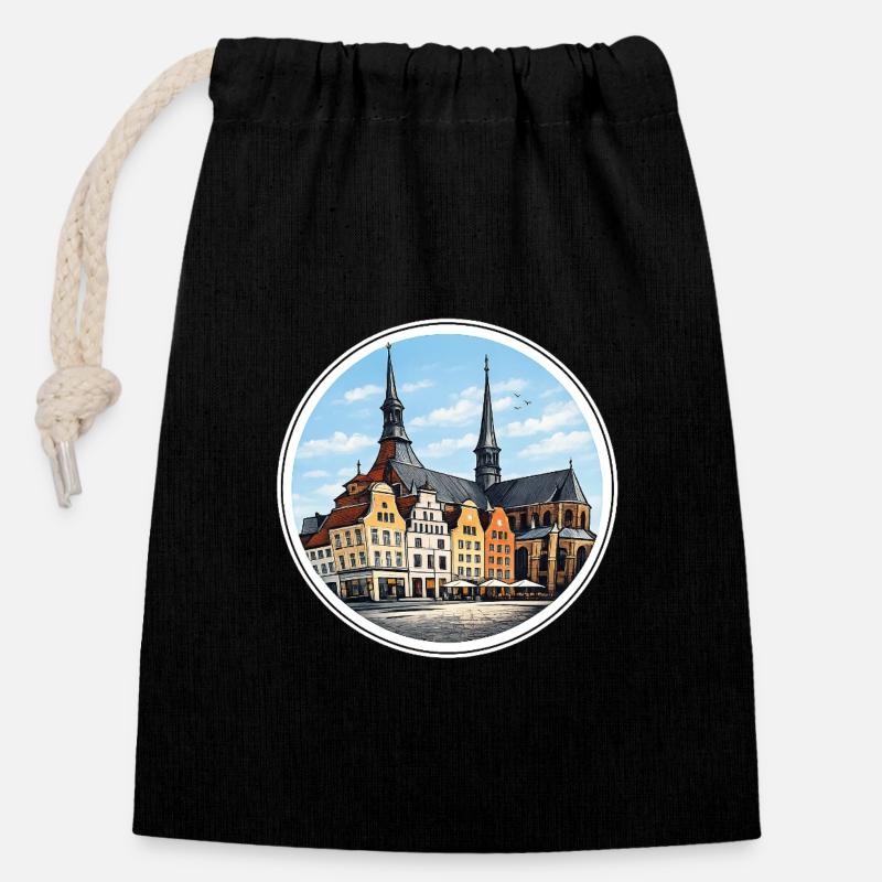 Rostock-Neuer Markt - Verschließbarer Geschenkbeutel aus Baumwolle (14x20cm) - Schwarz