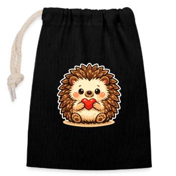 Cuddly hedgehog with heart - Closable cotton gift bag (14x20cm) - black - Front