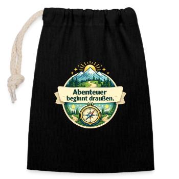 Abenteuer beginnt draußen – Naturkompass - Verschließbarer Geschenkbeutel aus Baumwolle (14x20cm) - Schwarz - Vorne