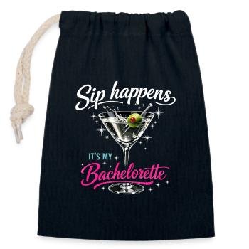 JGA Martini Glas – Sip Happens Bachelorette - Verschließbarer Geschenkbeutel aus Baumwolle (14x20cm) - Navy - Vorne