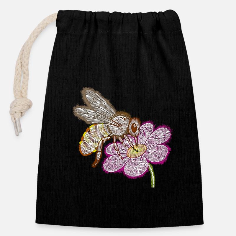 Zentangle Bee - Closable cotton gift bag (14x20cm) - black