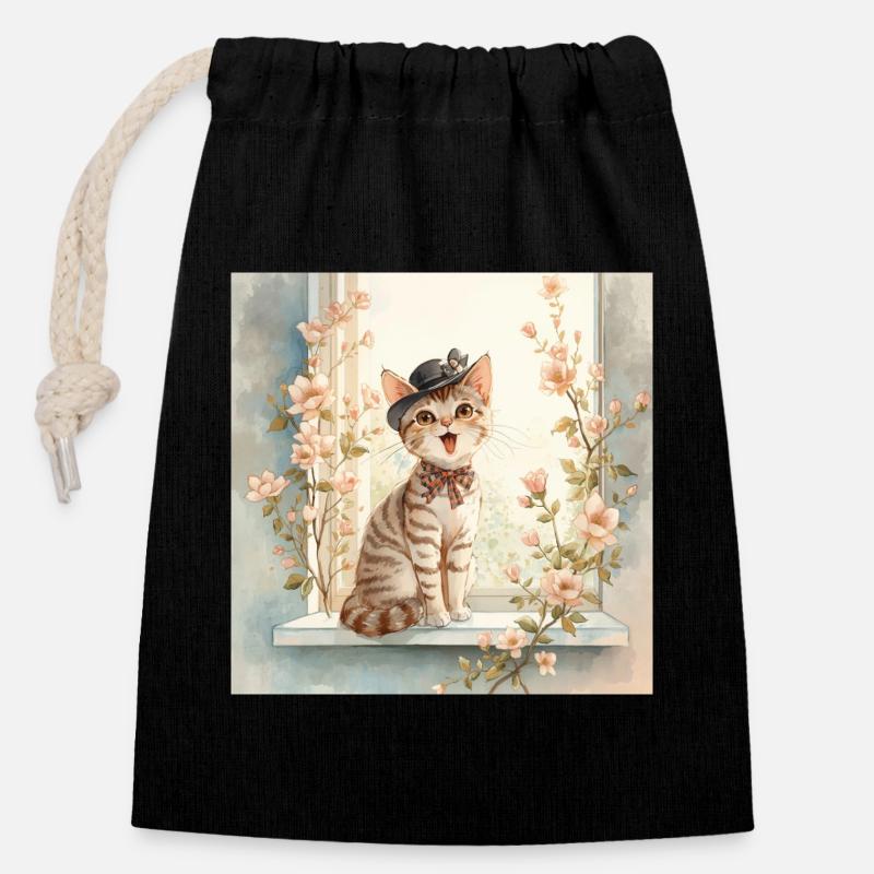 Verspielte Katze auf der Fensterbank - Verschließbarer Geschenkbeutel aus Baumwolle (14x20cm) - Schwarz