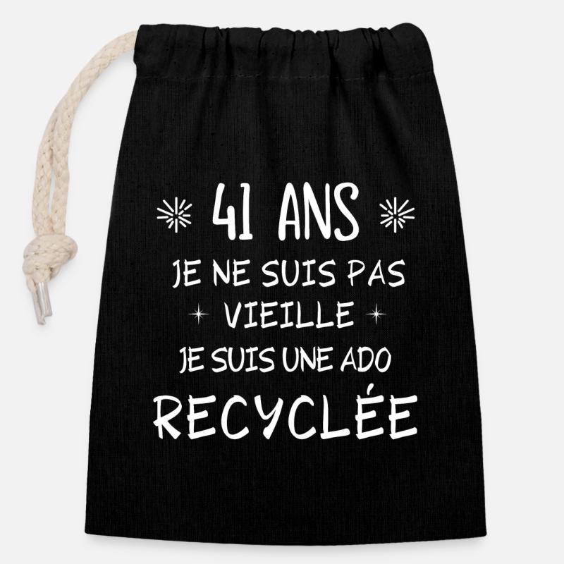 ado recyclée, anniversaire 41 ans, j'ai 41 ans - Sac cadeau en coton avec cordon (14 x 20 cm) - noir