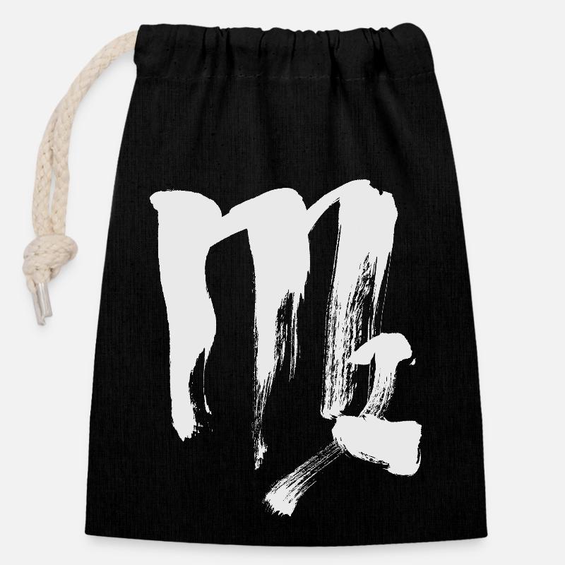 Signe du zodiaque Vierge - Calligraphie - Sac cadeau en coton avec cordon (14 x 20 cm) - noir