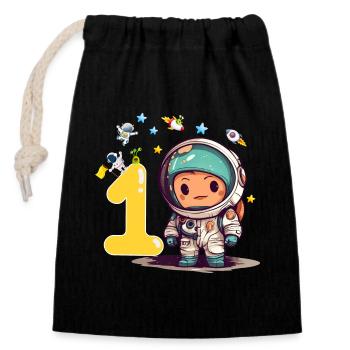 Petit astronaute 1er anniversaire - Sac cadeau en coton avec cordon (14 x 20 cm) - noir - Devant