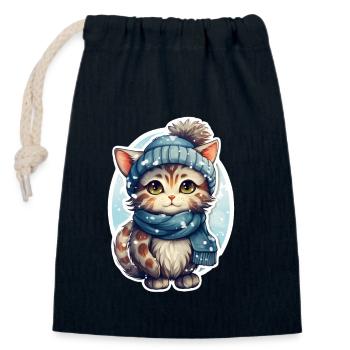 Chat en hiver - Sac cadeau en coton avec cordon (14 x 20 cm) - bleu marine - Devant