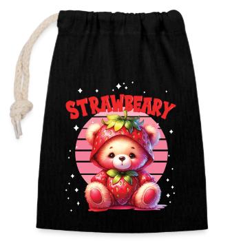 Japaner Kawaii Kleiner Bär mit Erdbeeren im Kostüm - Verschließbarer Geschenkbeutel aus Baumwolle (14x20cm) - Schwarz - Vorne