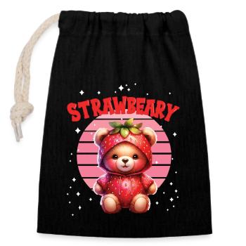 Japaner Kawaii Kleiner Bär mit Erdbeeren im Kostüm - Verschließbarer Geschenkbeutel aus Baumwolle (14x20cm) - Schwarz - Vorne