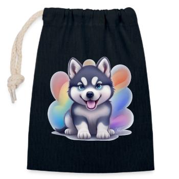 Chiot Husky Sibérien - Sac cadeau en coton avec cordon (14 x 20 cm) - bleu marine - Devant
