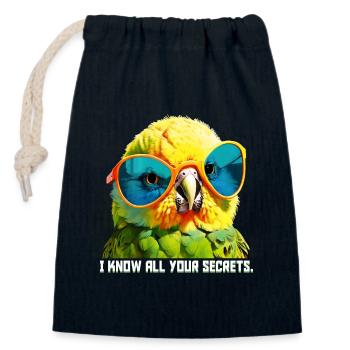 Je connais tous tes secrets Funny Budgie - Sac cadeau en coton avec cordon (14 x 20 cm) - bleu marine - Devant
