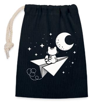 Katze Papierflieger Mond Fly me to the moon Sterne - Verschließbarer Geschenkbeutel aus Baumwolle (14x20cm) - Navy - Vorne