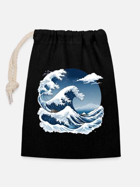 Grande Vague de Kanagawa - Sac cadeau en coton avec cordon (14 x 20 cm) - noir