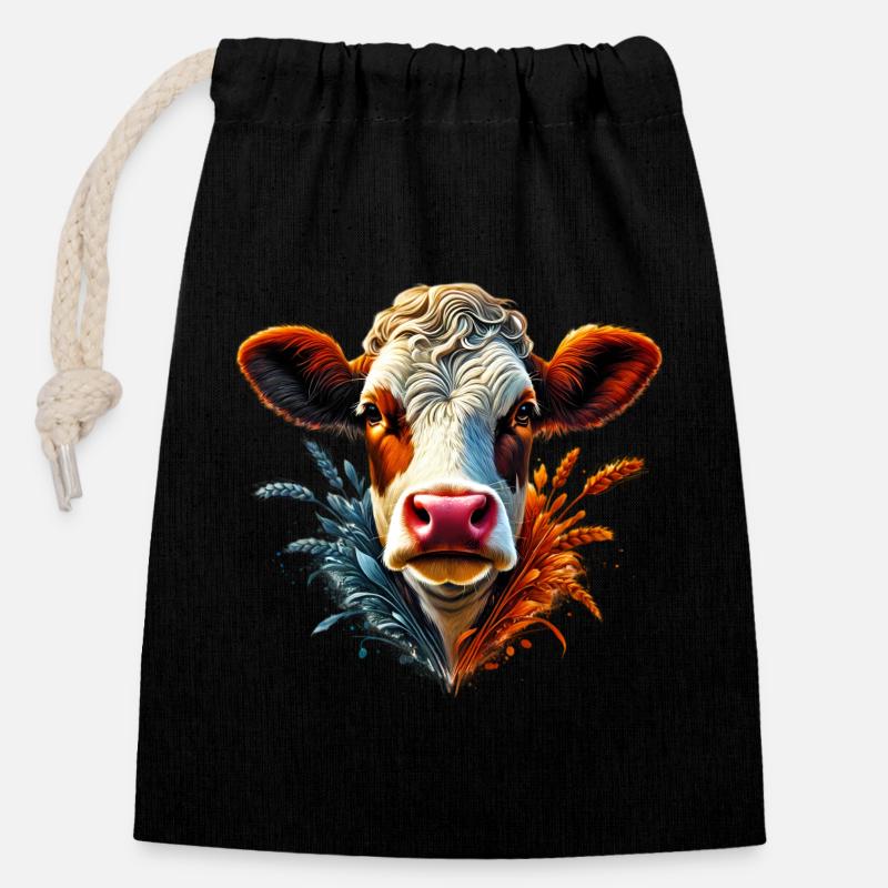 Vache - Sac cadeau en coton avec cordon (14 x 20 cm) - noir