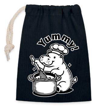Cute Hippo cooking a meal - "Yummy!" Design - Closable cotton gift bag (14x20cm) - navy - Front
