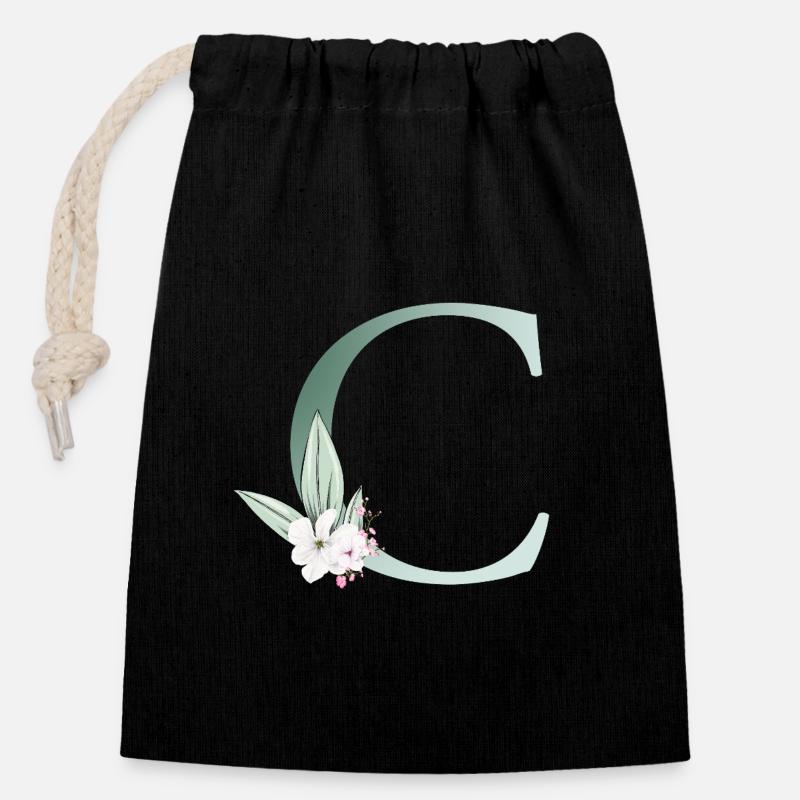 C Monogram, Floral, Customizable - Closable cotton gift bag (14x20cm) - black