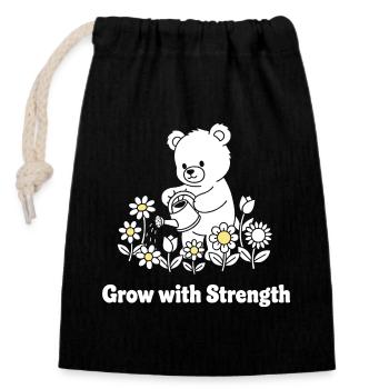 Bear watering flowers – strength grows - Closable cotton gift bag (14x20cm) - black - Front