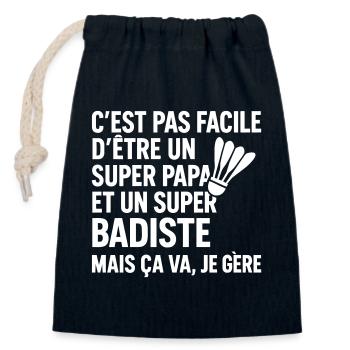 Badminton – Super Papa Badiste - Sac cadeau en coton avec cordon (14 x 20 cm) - bleu marine - Devant