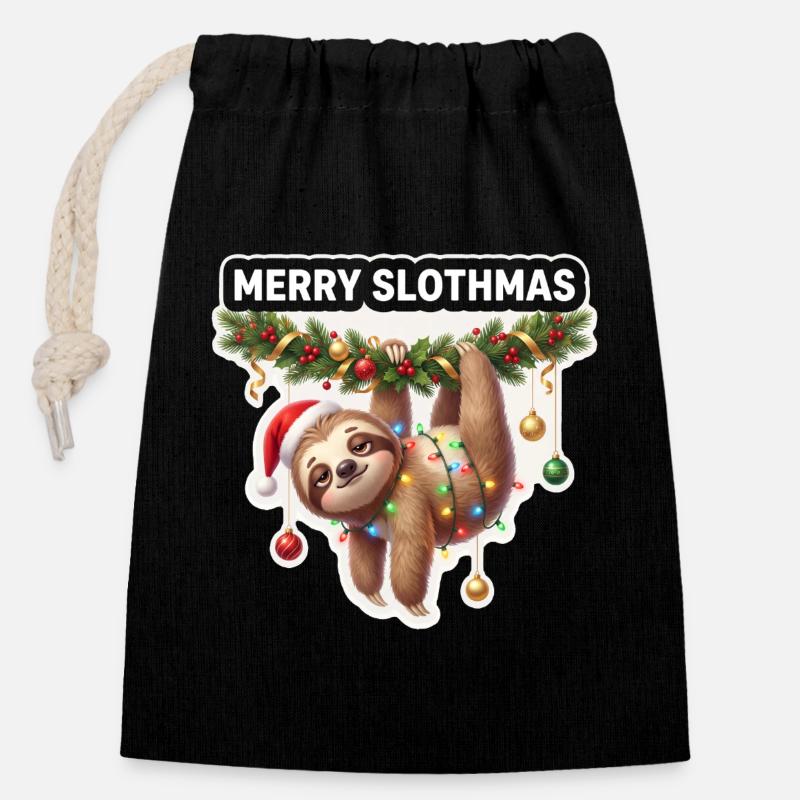 Frohe Slothmas Lichterkette - Verschließbarer Geschenkbeutel aus Baumwolle (14x20cm) - Schwarz