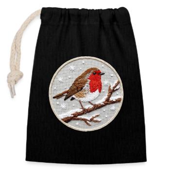 Robin brodé sur une brindille (imprimé) - Sac cadeau en coton avec cordon (14 x 20 cm) - noir - Devant