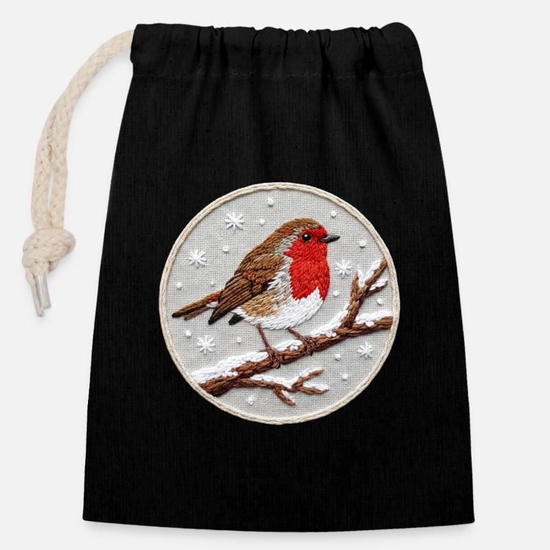 Robin brodé sur une brindille (imprimé) - Sac cadeau en coton avec cordon (14 x 20 cm) - noir